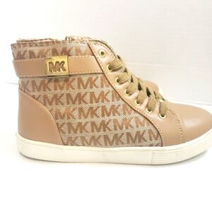 Michael Kors Tan and Gold Sneakers with Monogram Pattern Sz:4 Big Girls